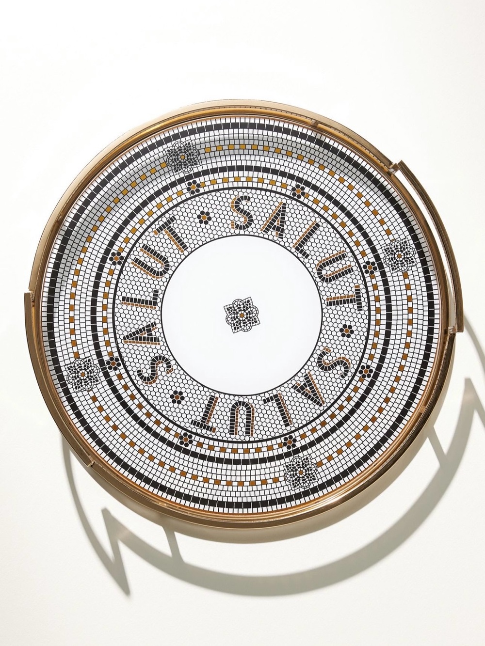 Anthropologie Bistro Tile Round Stoneware 24k Gold Accent Tray